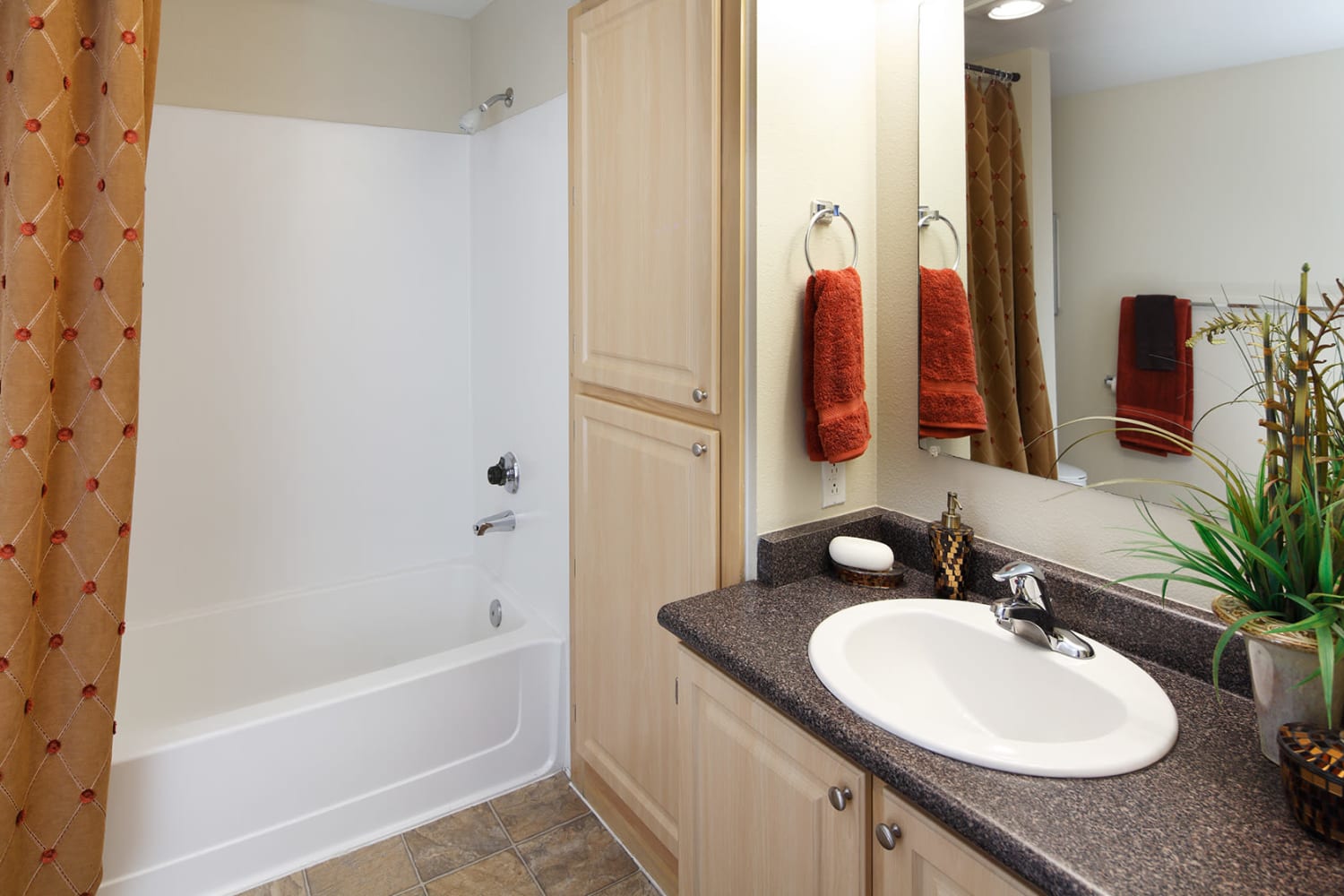 Bathroom in model apartment at Redmond Place Apartments in Redmond, Washington