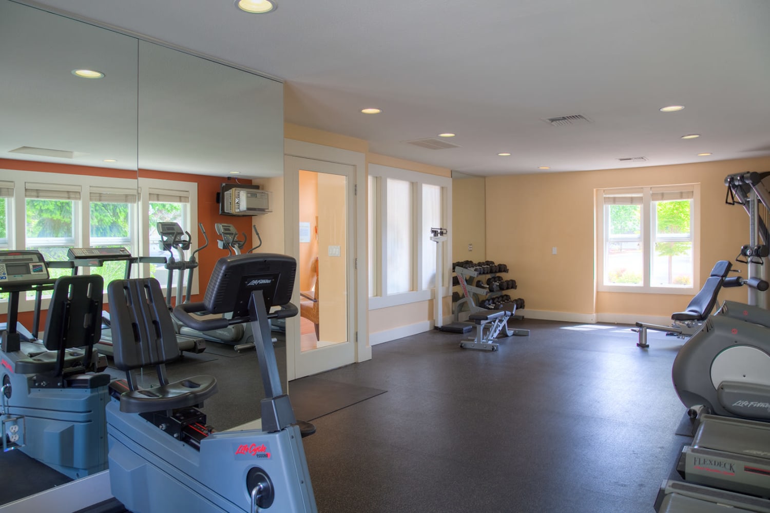 Spacious fitness center at Redmond Place Apartments in Redmond, Washington