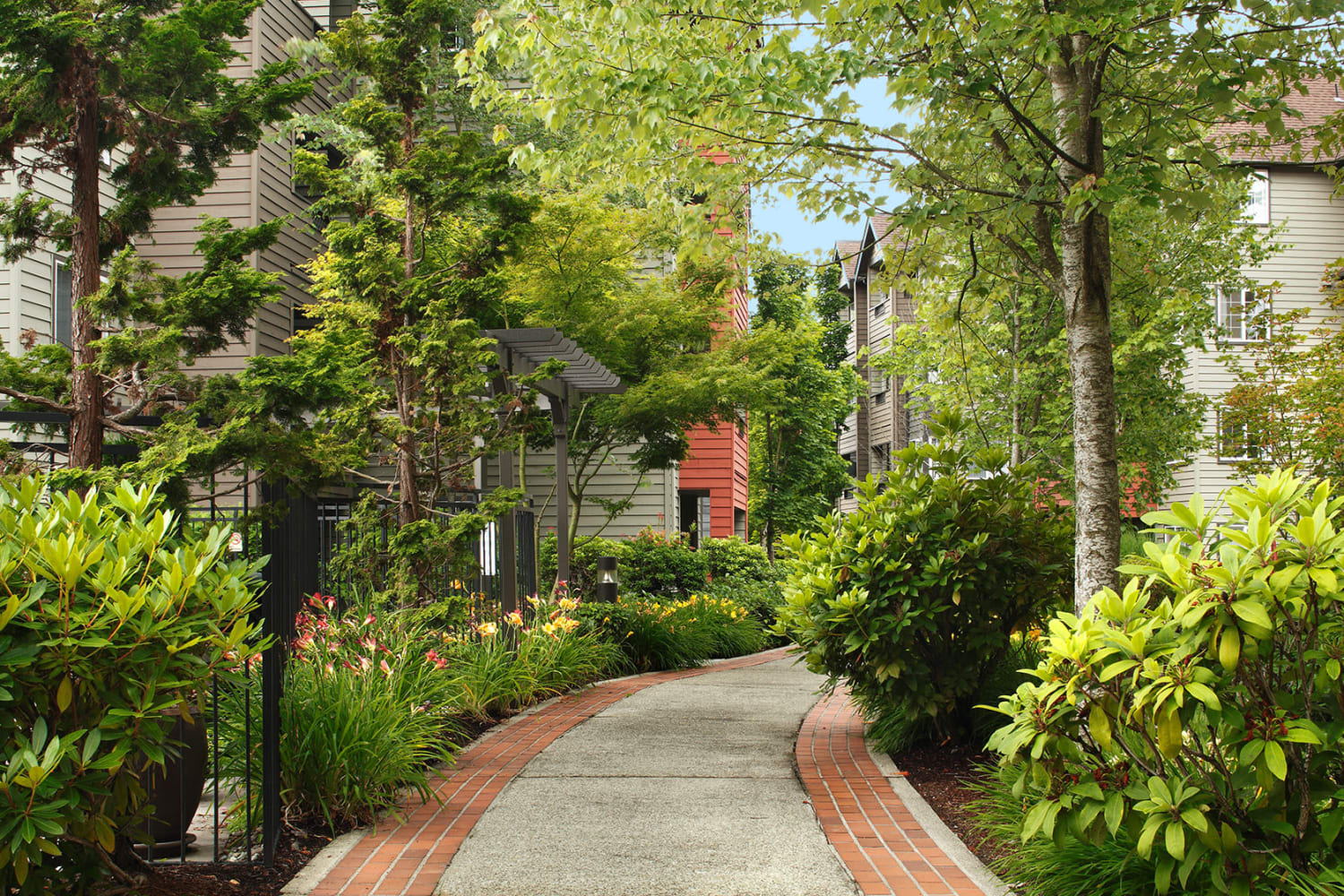 Clean and well-kept walkway at Redmond Place Apartments in Redmond, Washington