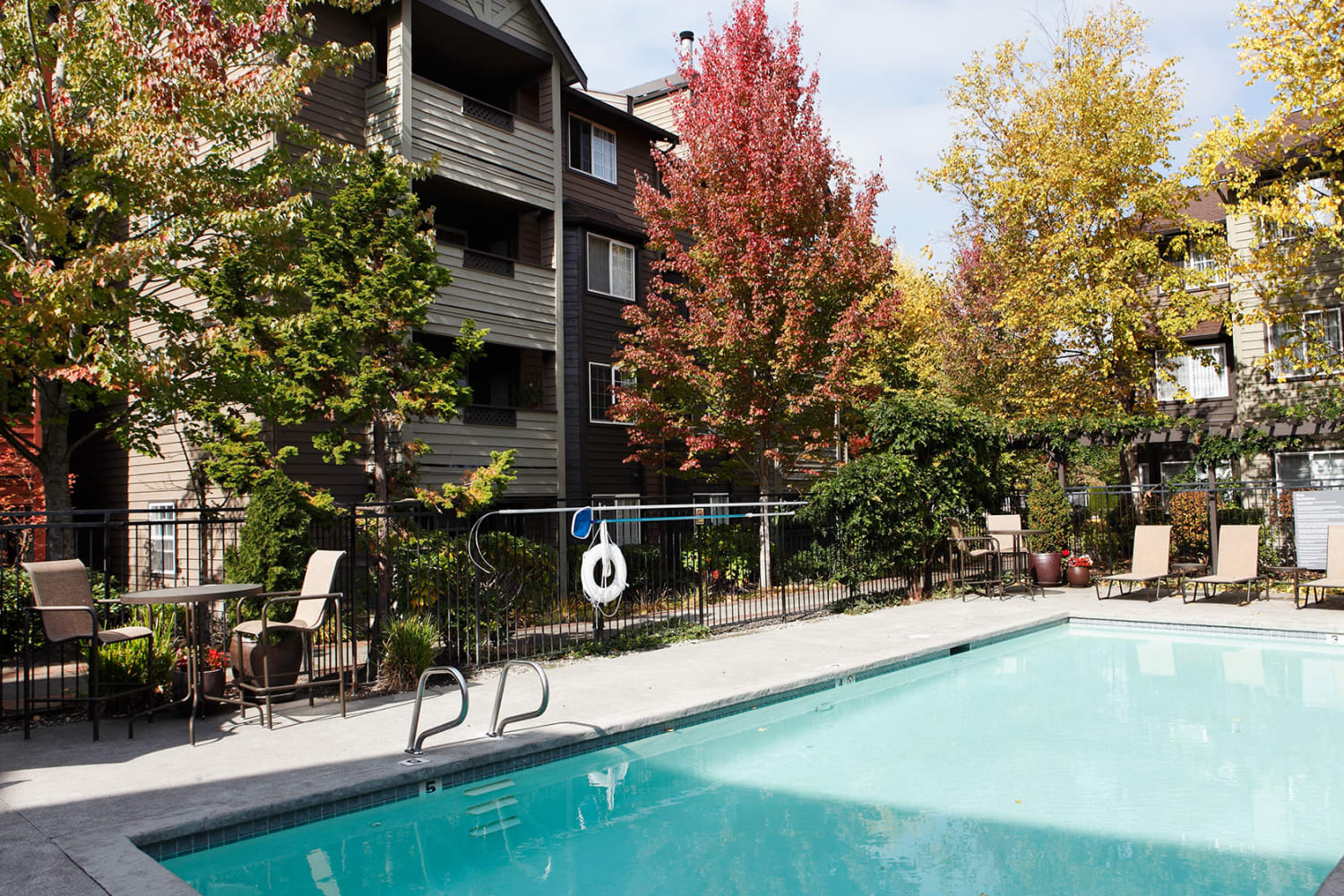 Beautiful swimming pool at Redmond Place Apartments in Redmond, Washington