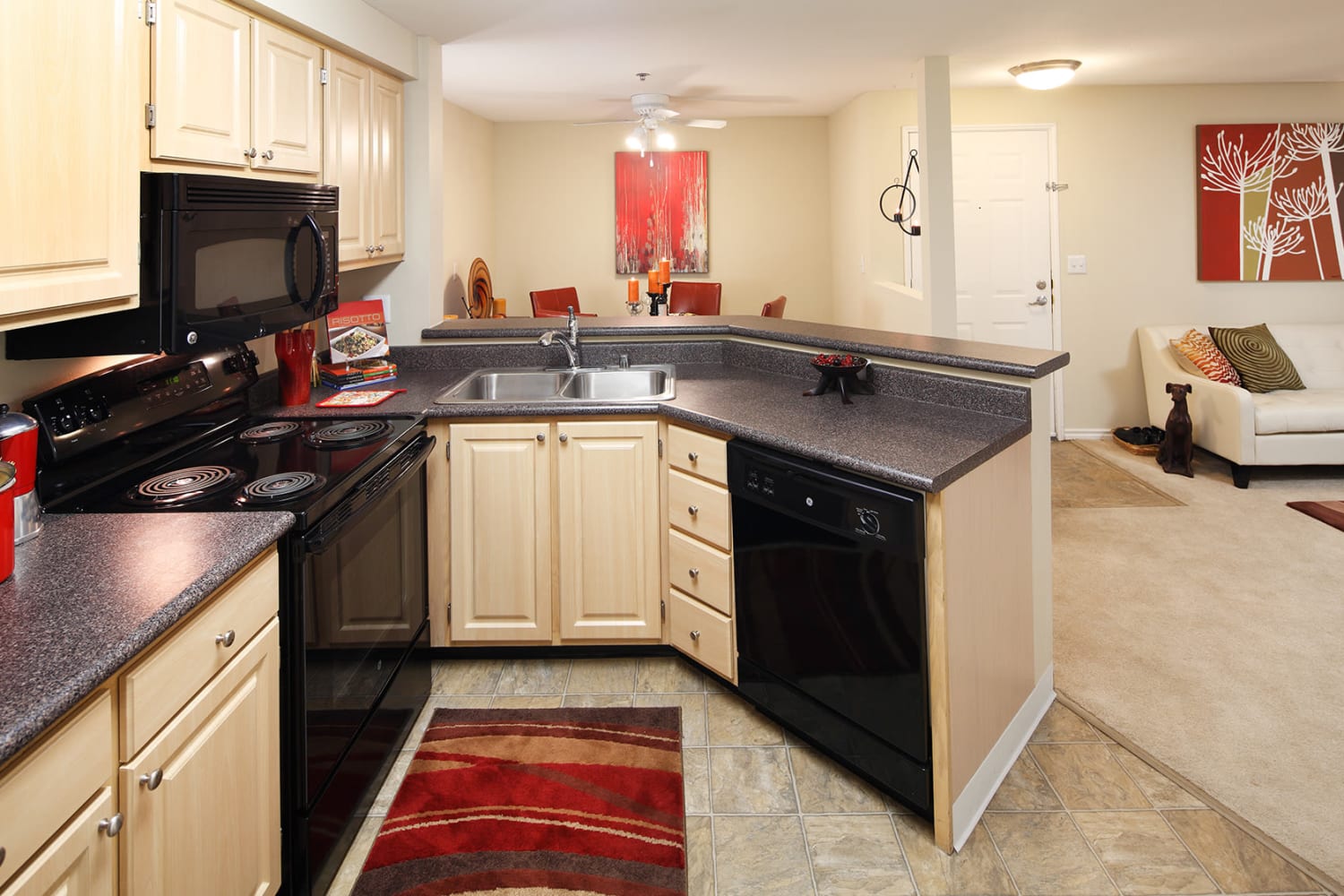 Model apartment kitchen at Redmond Place Apartments in Redmond, Washington