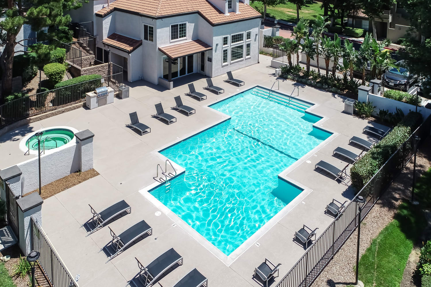 Pool view and beautifully landscaped grounds at The Bluffs in Rancho Cucamonga, California