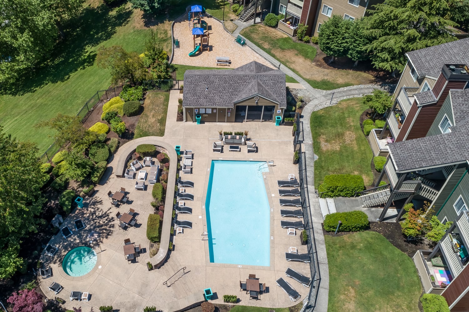 Aerial view of outdoor pool in community buildings at The Preserve at Forbes Creek in Kirkland, Washington