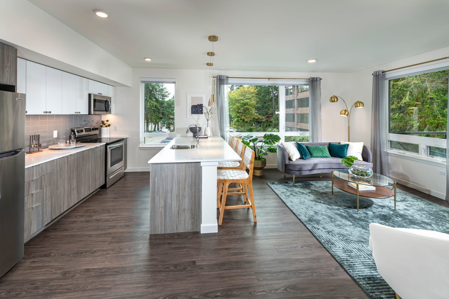 Model apartment with kitchen island at Nightingale in Redmond, Washington