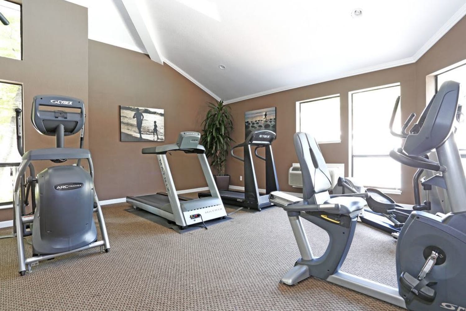 Fitness center with ample lighting at Amber Court in Fremont, California