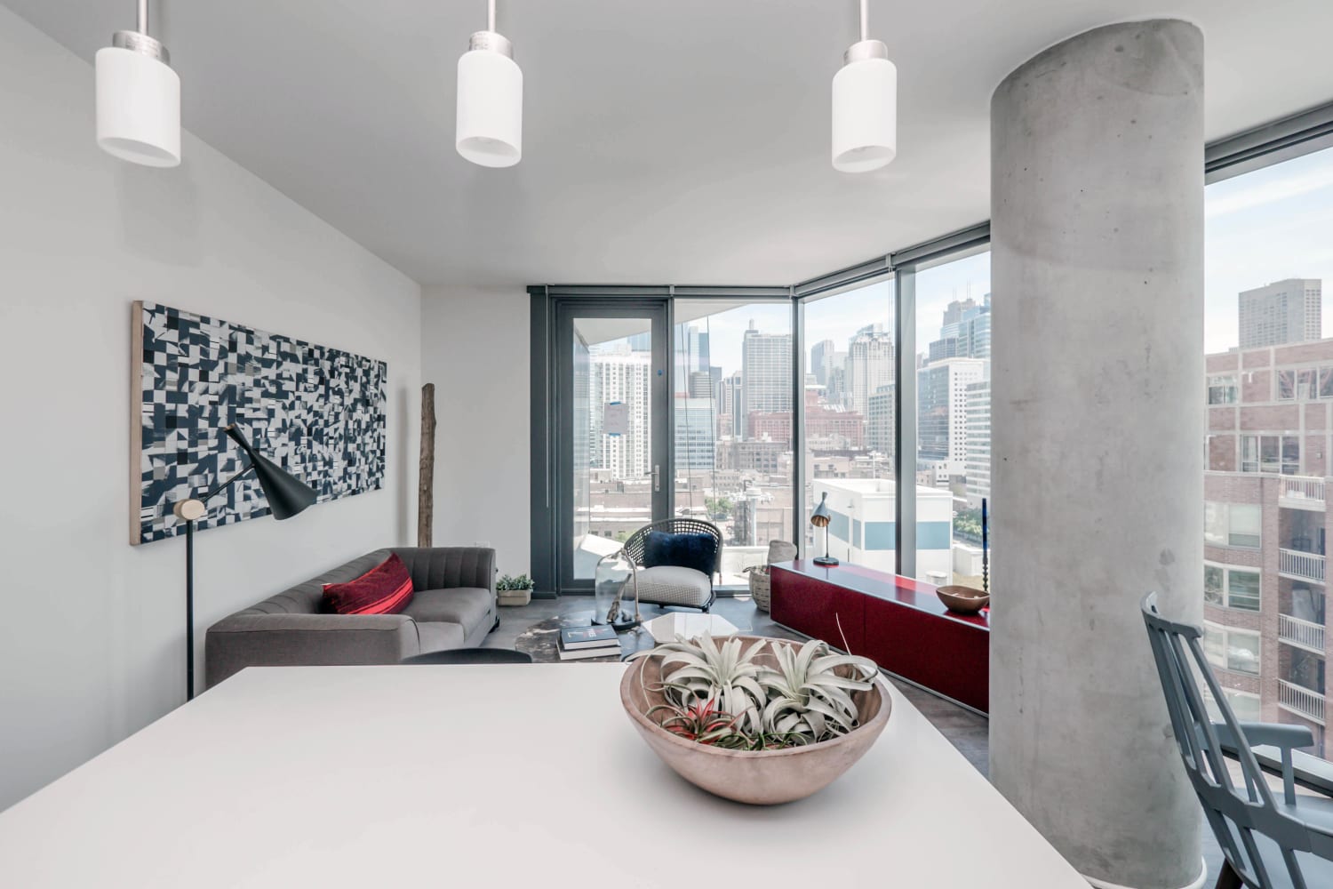 Spacious living room with an amazing view at The Parker Fulton Market in Chicago, Illinois
