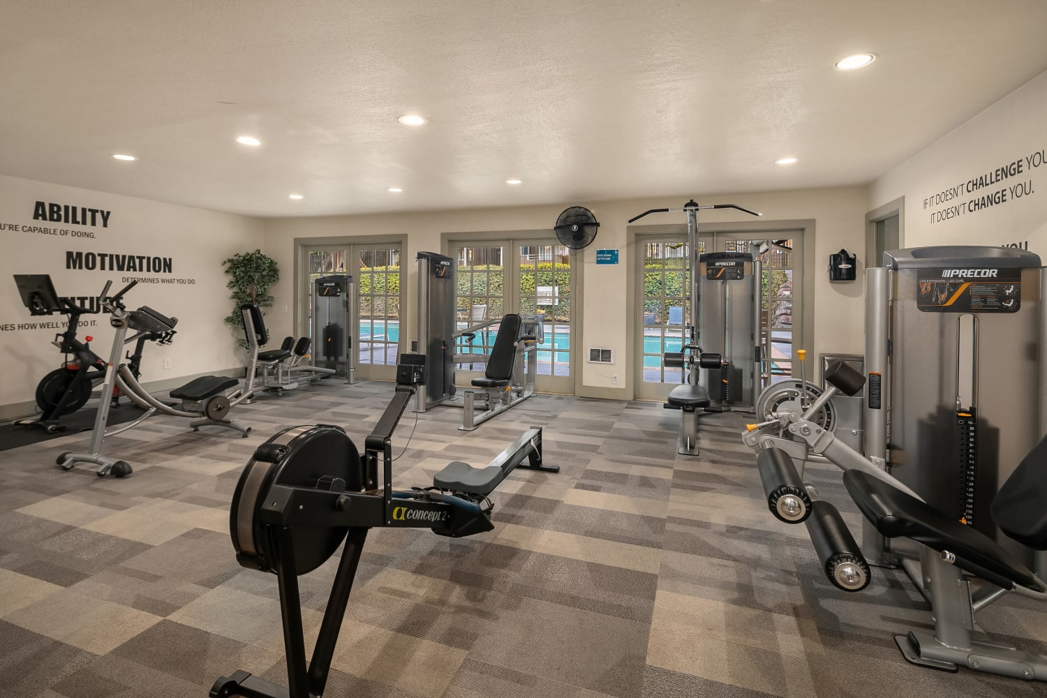 Exercise equipment in the fitness center at Overlook at Lakemont in Bellevue, Washington