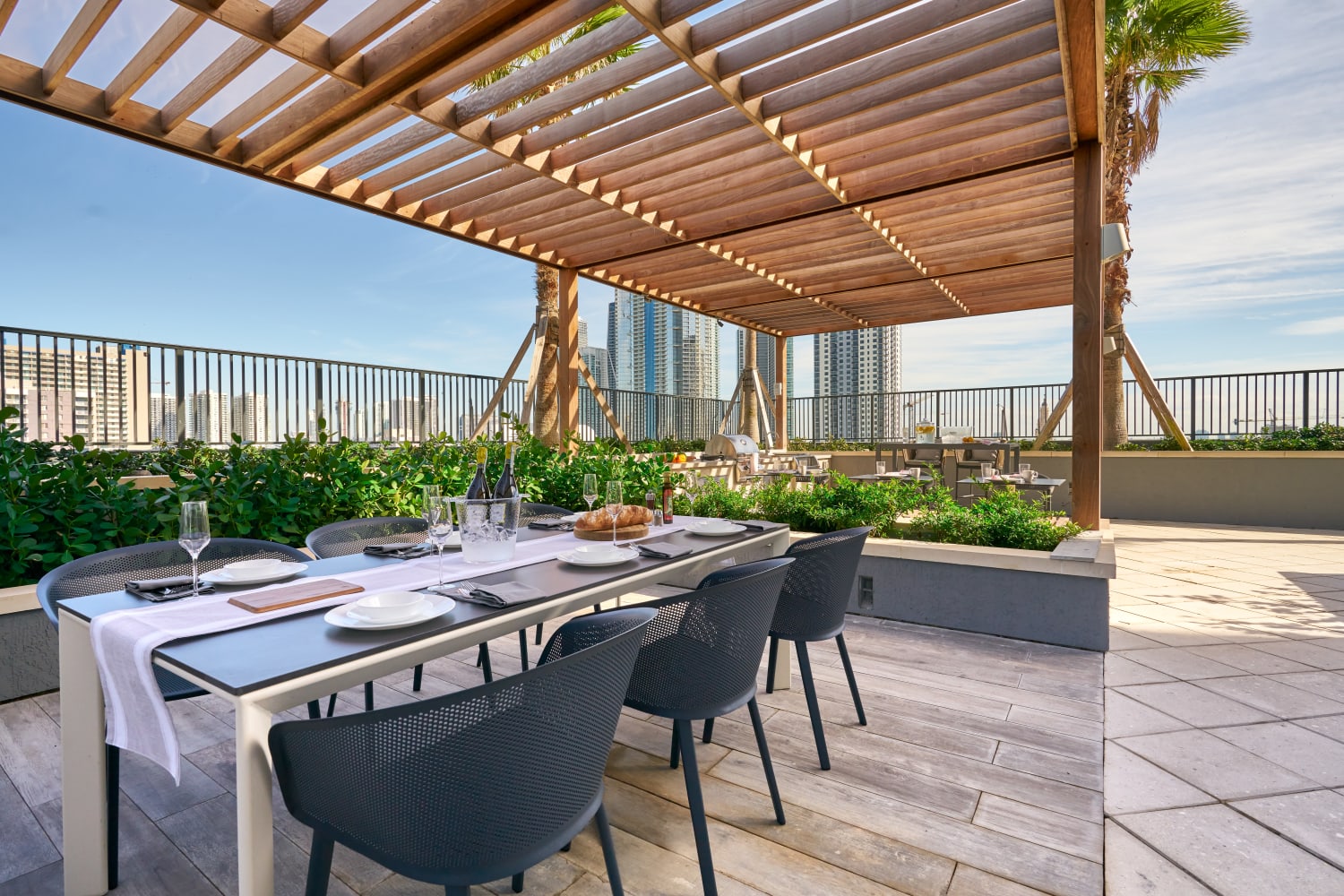 Seating area on a rooftop at ParkLine Miami in Miami, Florida