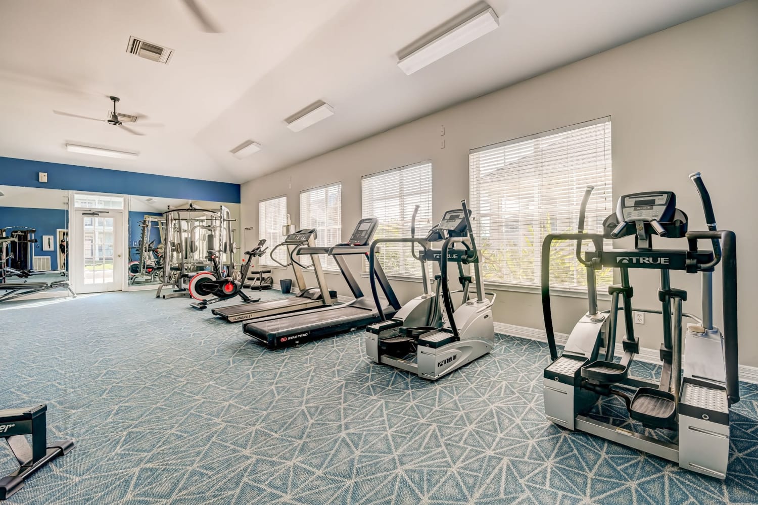 Newer fitness equipment in the fitness center at Audubon Lake Apartments