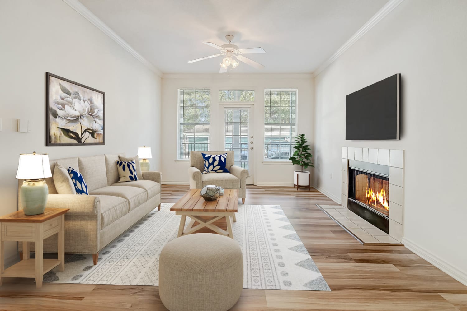 Audubon Apartments living room with fire place