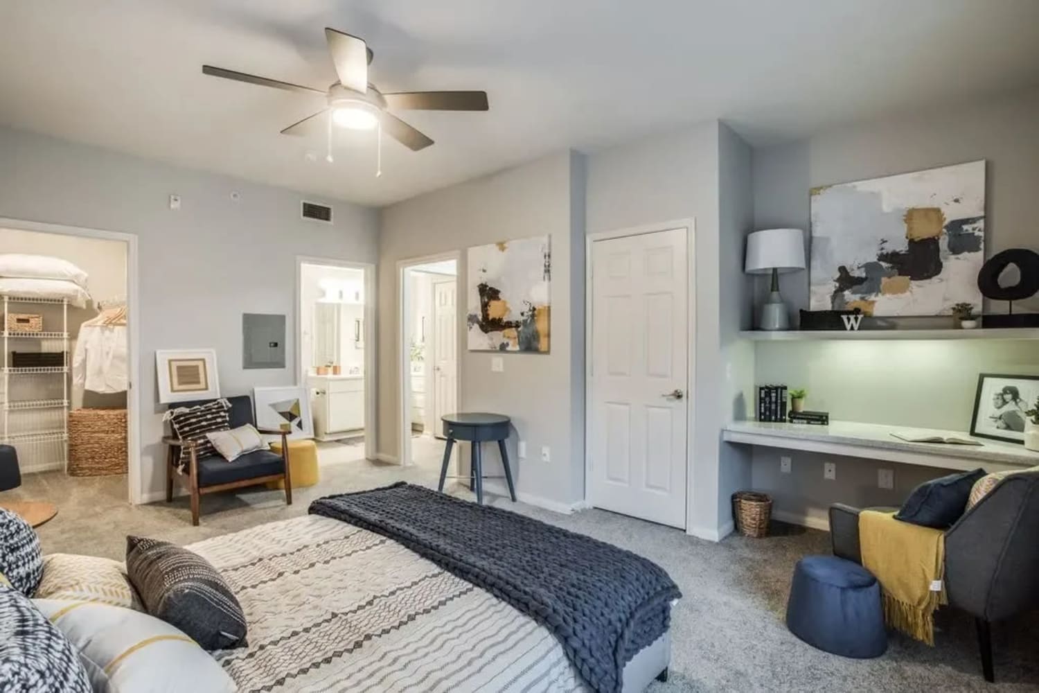 Modern finishes in an apartment bedroom at Oak Grove Apartments in Houston, Texas