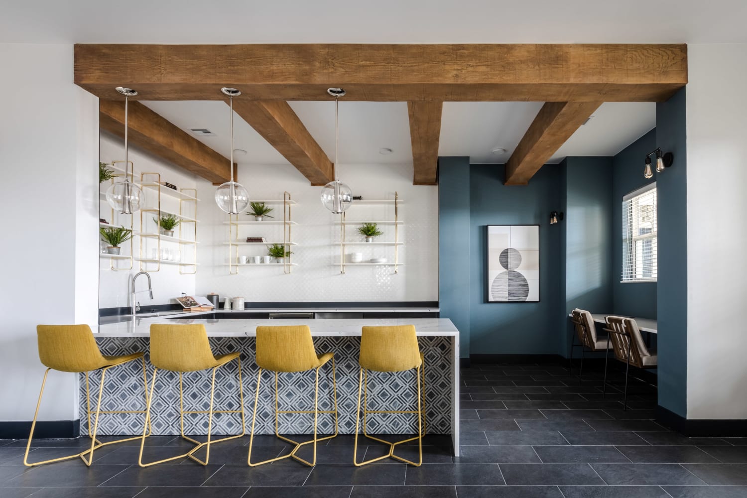 Clubhouse kitchen at Ladora Modern Apartments in Denver, Colorado