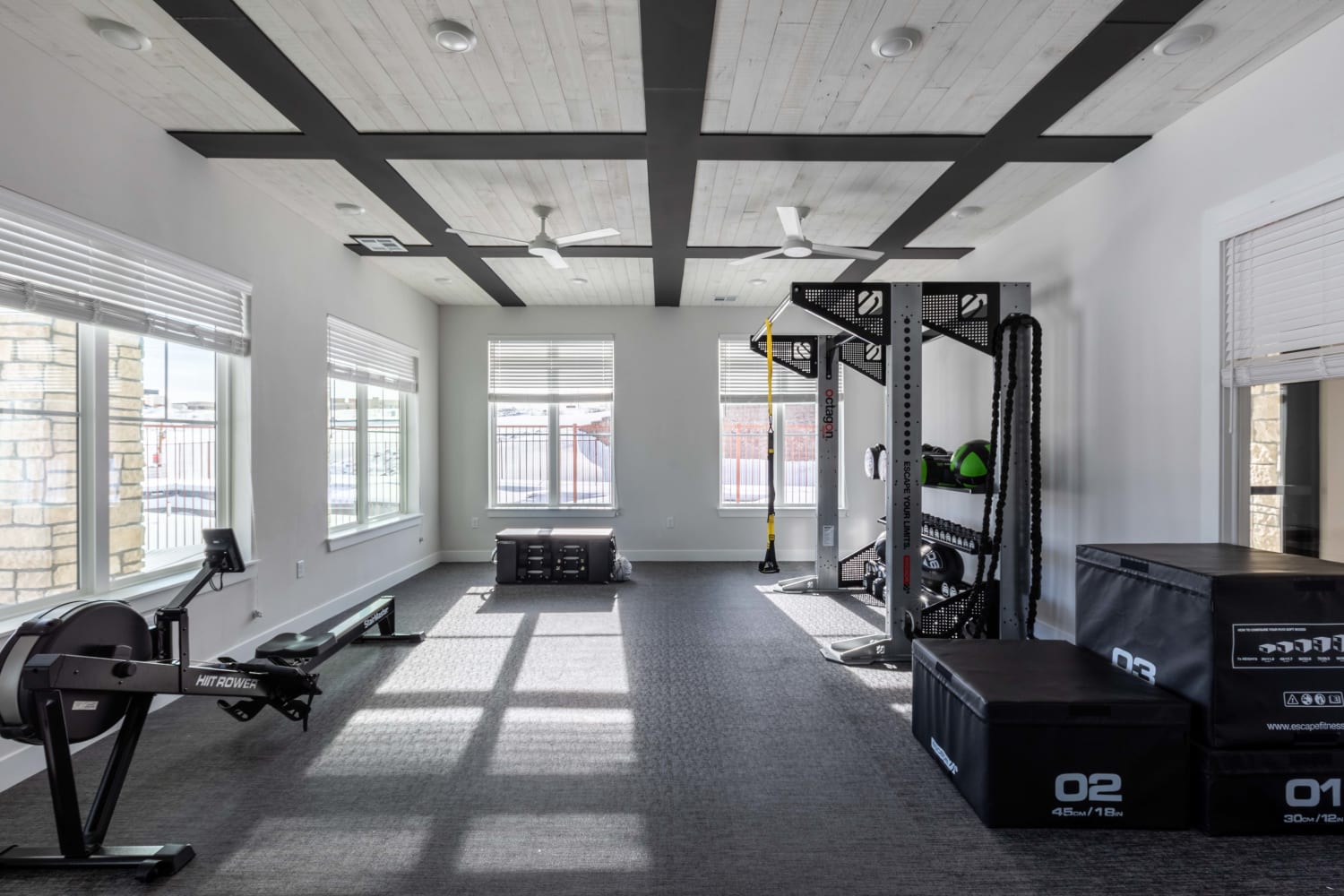 Spacious fitness center at The Prospector Modern Apartments in Castle Rock, Colorado