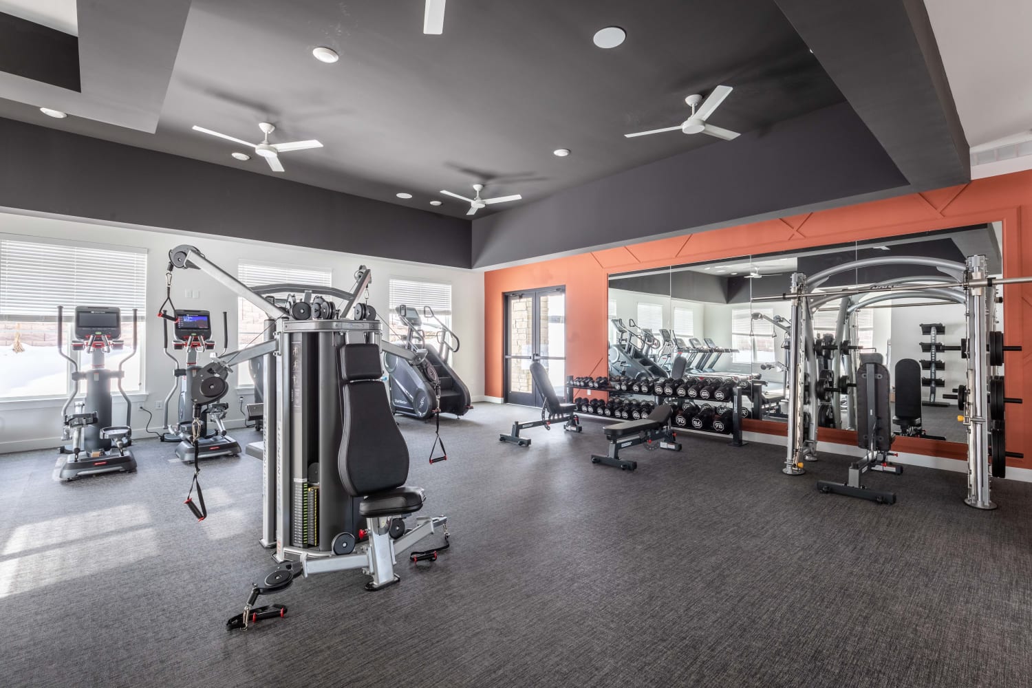 Fully equipped fitness center at The Prospector Modern Apartments in Castle Rock, Colorado