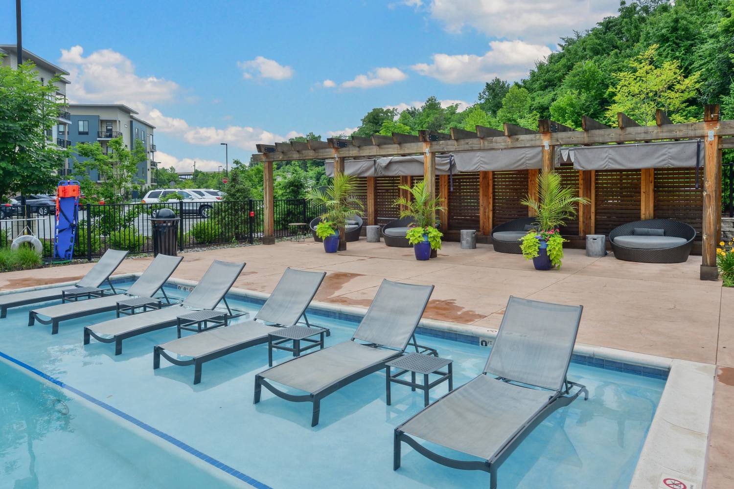 lounge seating in the pool at Riverworks in Phoenixville, Pennsylvania