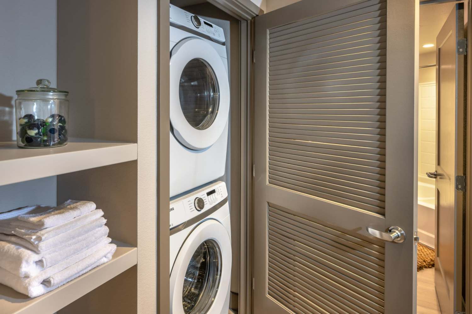 Stacked washer and dryers at The Beacon in Fremont, California