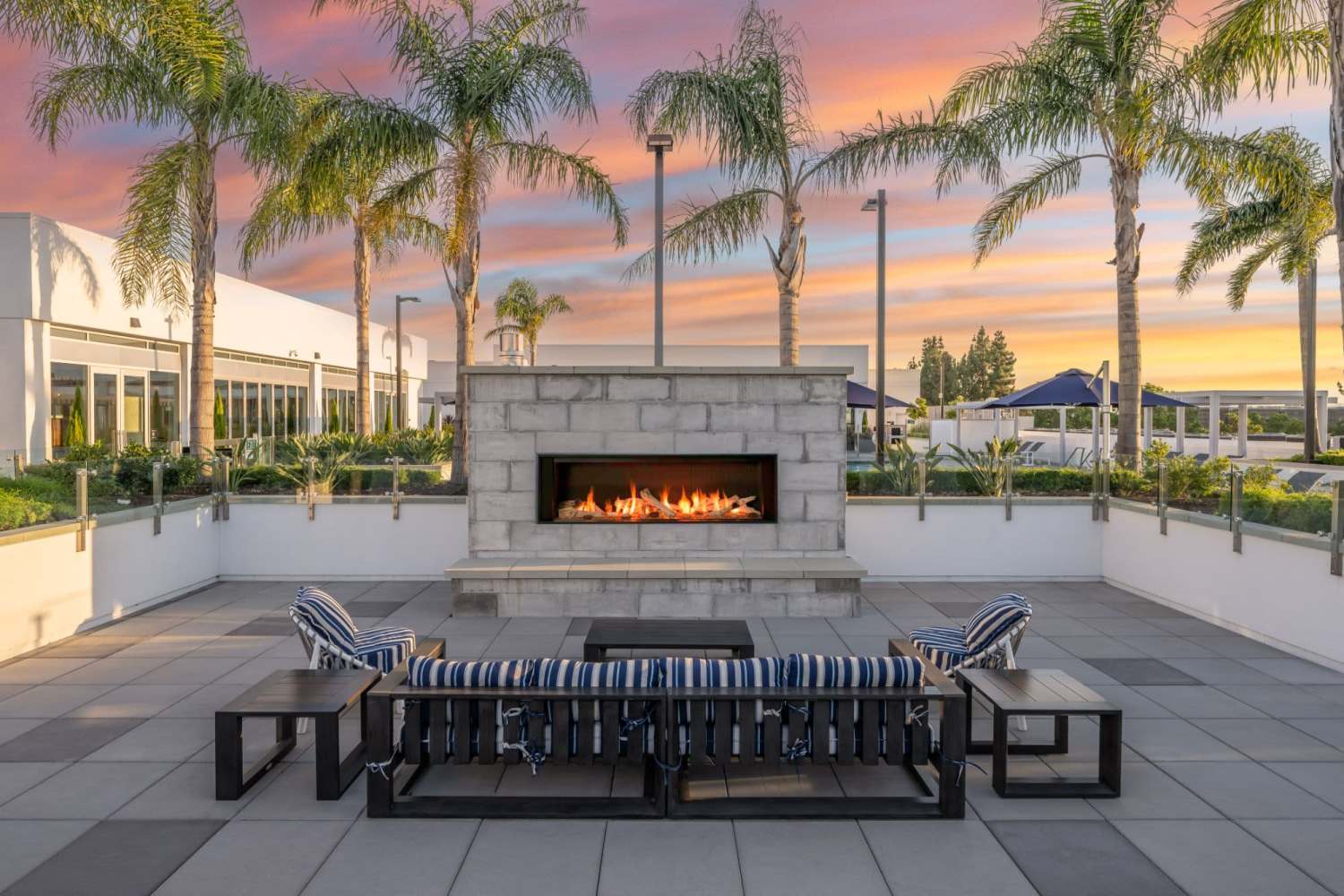 Outdoor fire pit area at The Beacon in Fremont, California
