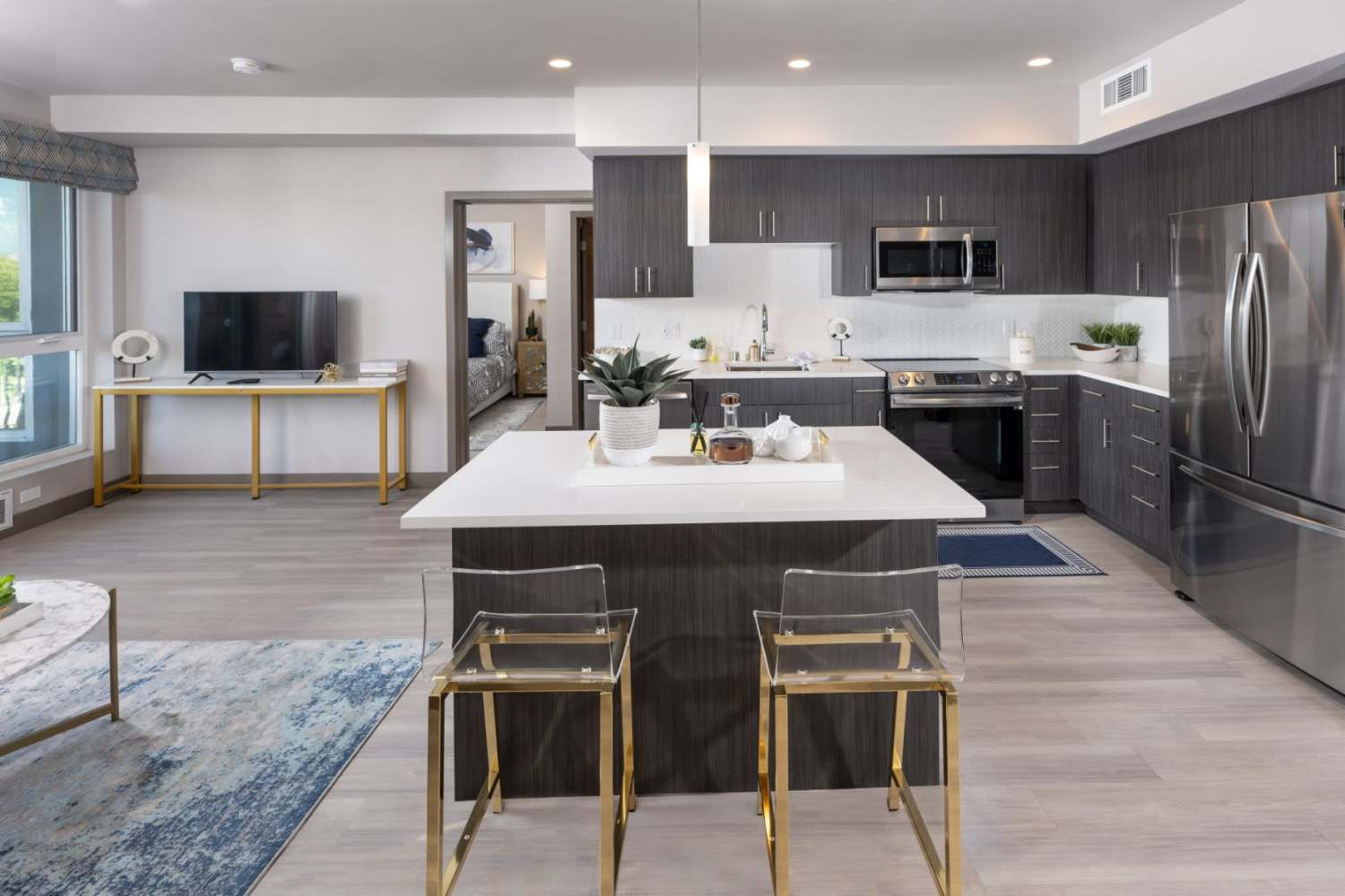 Modern kitchen with island at The Beacon in Fremont, California