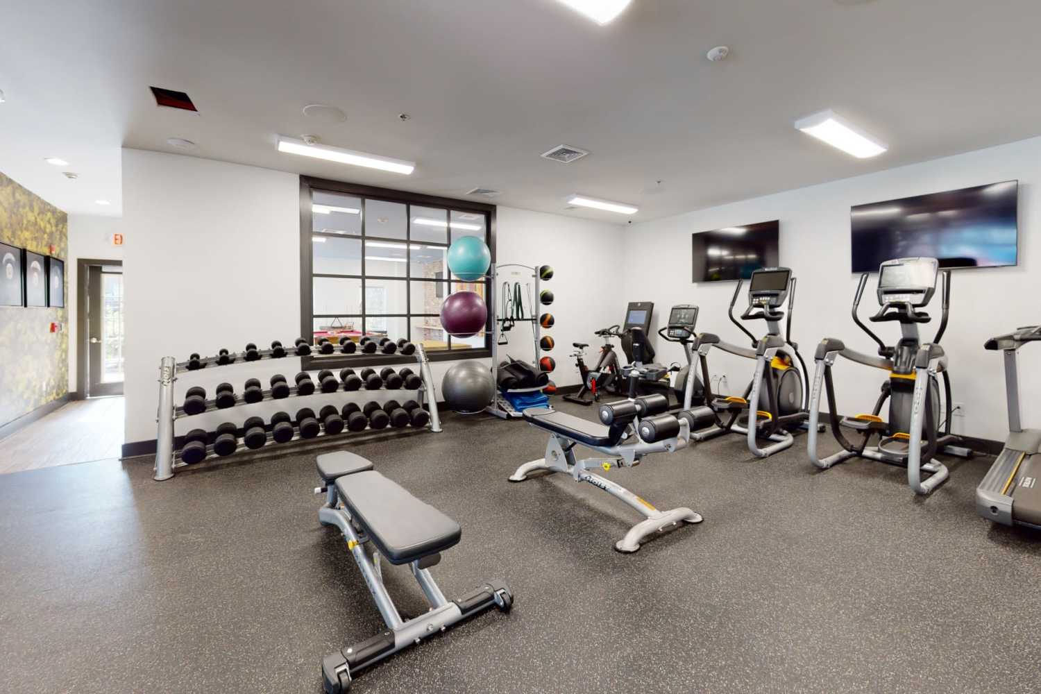 Fitness center with weights and cardio equipment at The Quarters at Oxford in Oxford, Mississippi