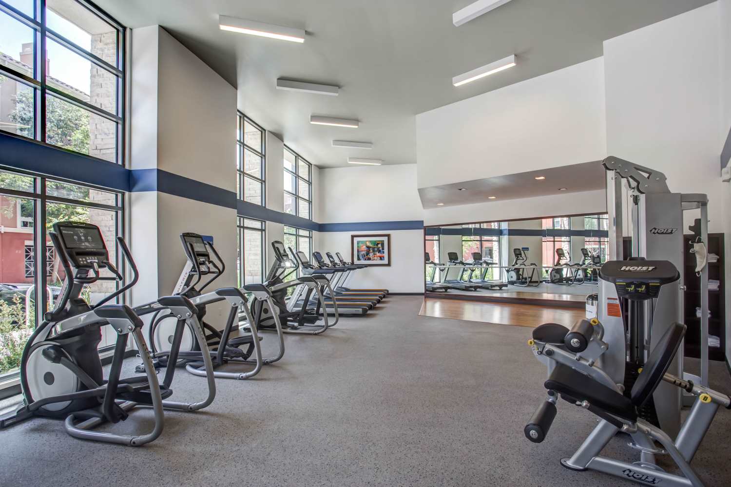 Well-equipped fitness studio with treadmills at Franklin 299 in Redwood City, California