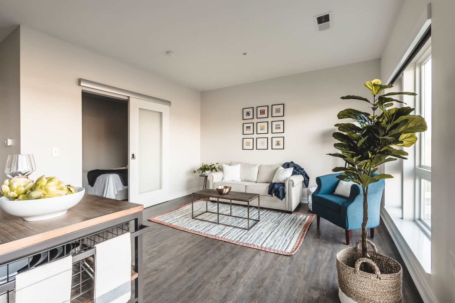 Furnished living room at Bridge Park in Dublin, Ohio