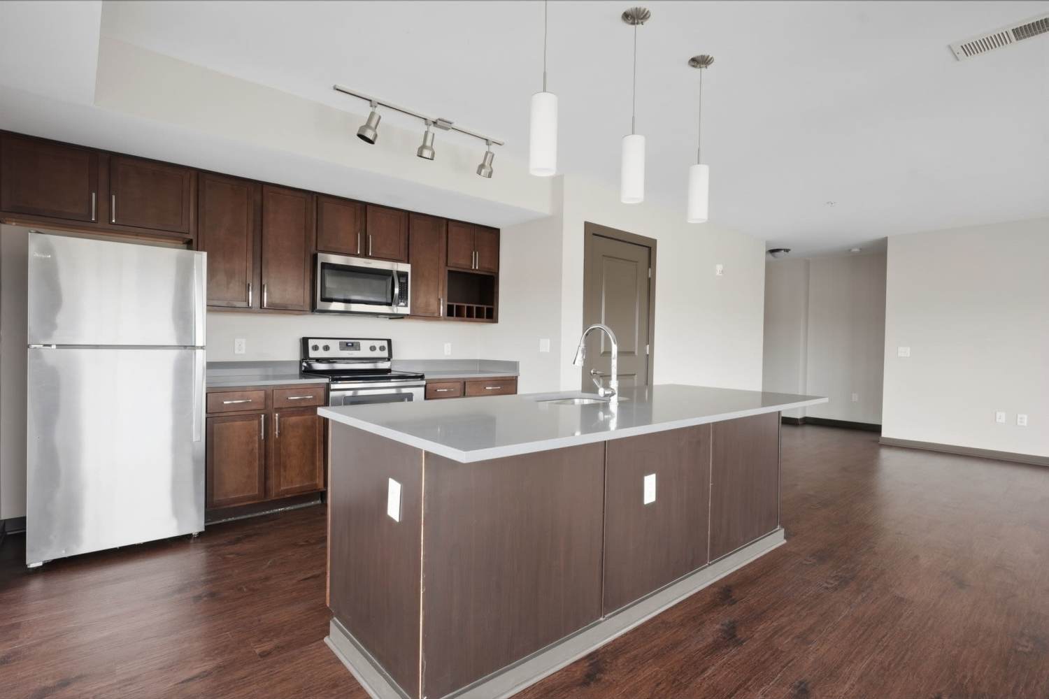 Wood-style flooring in a kitchen at Bridge Park in Dublin, Ohio