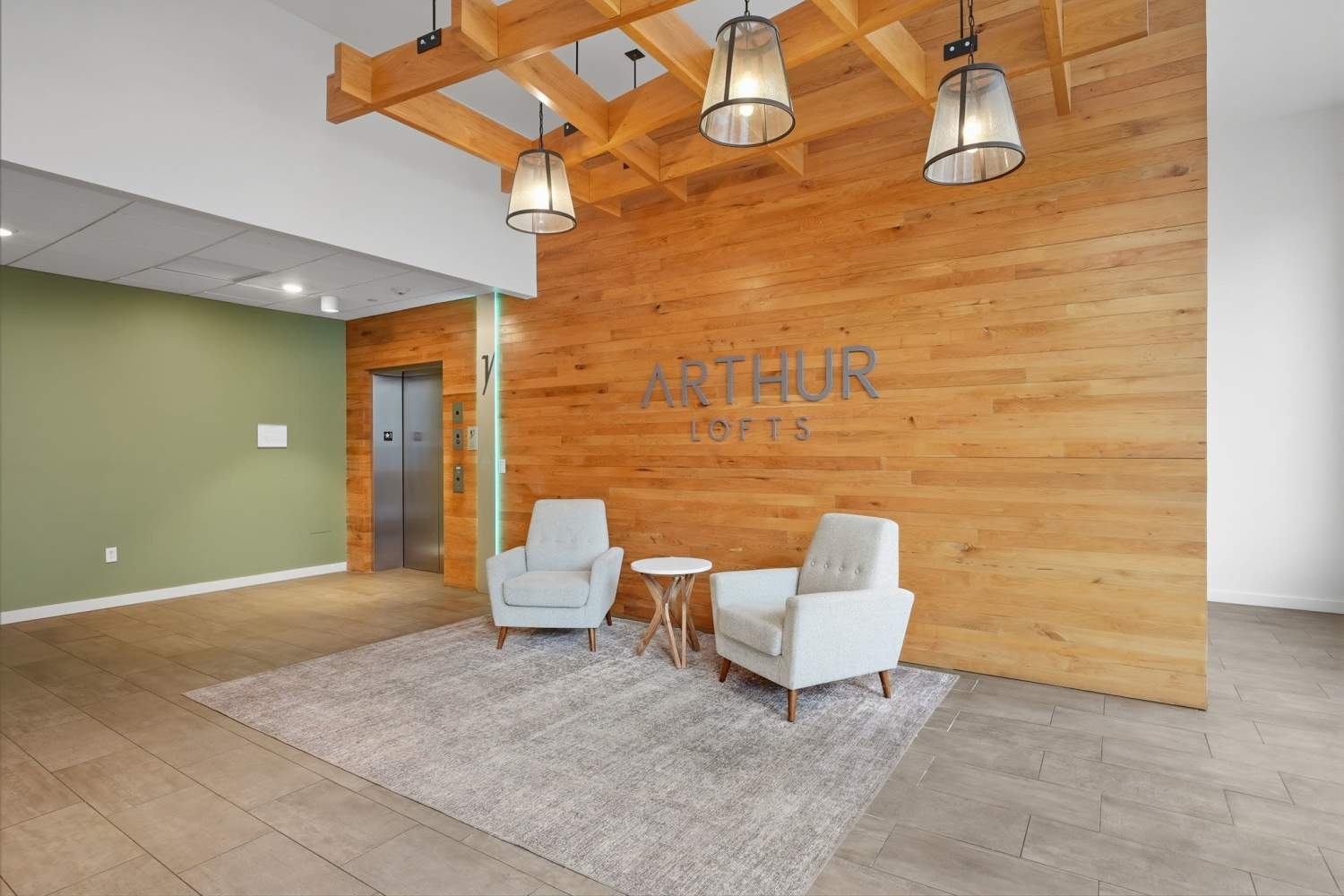 Seating in the lobby at Bridge Park in Dublin, Ohio
