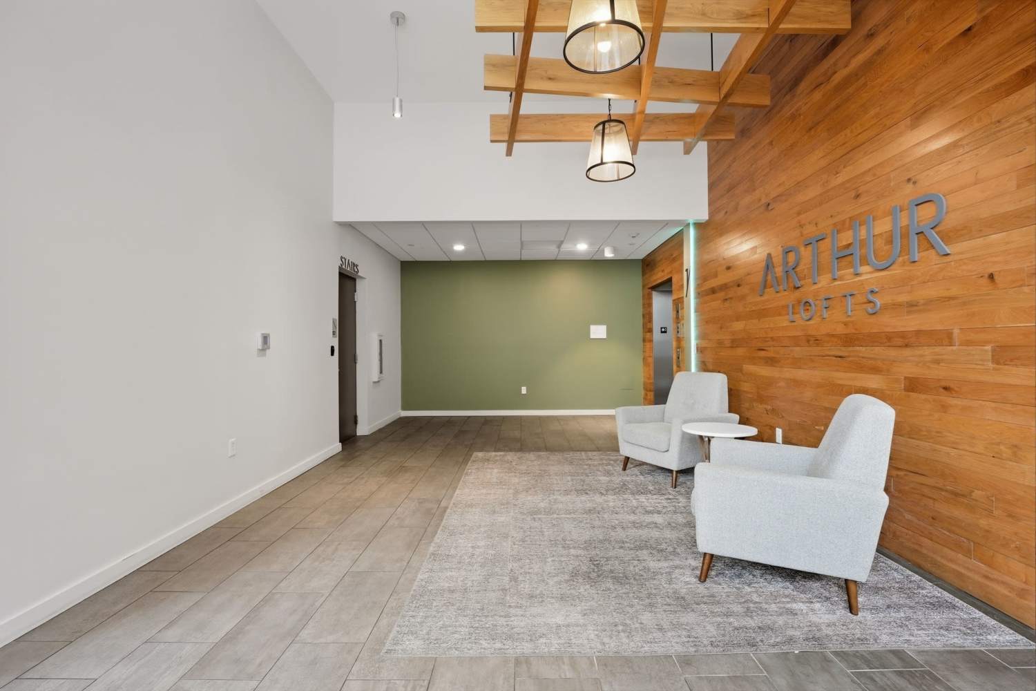 Lobby seating area at Bridge Park in Dublin, Ohio