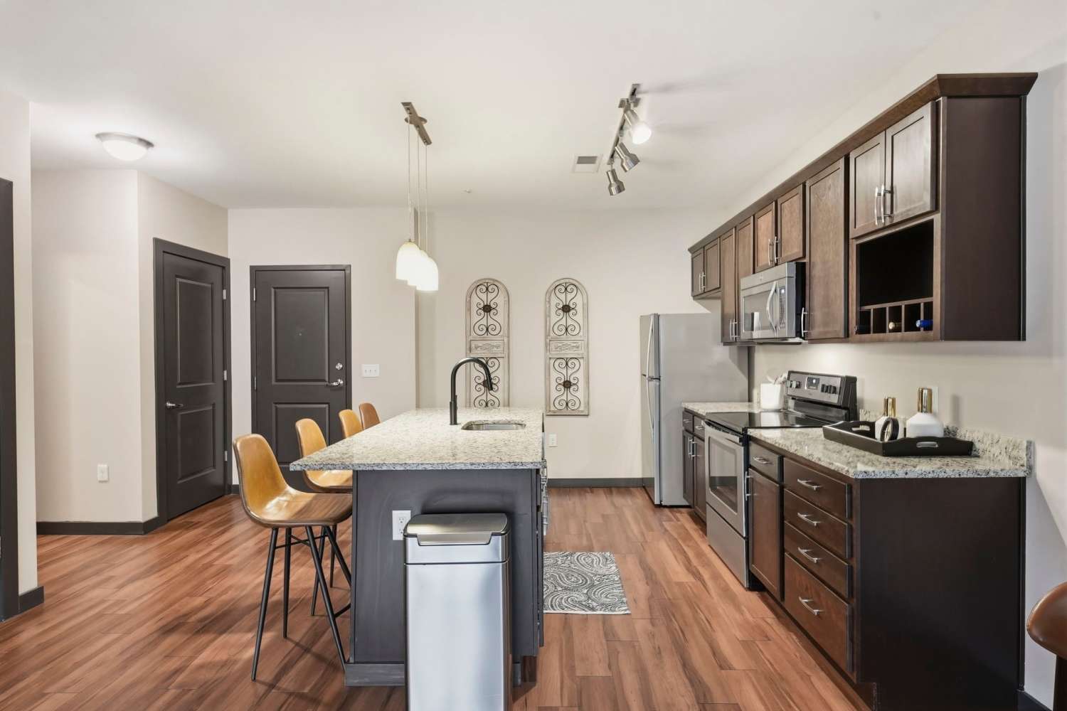 Kitchen with island at Bridge Park in Dublin, Ohio