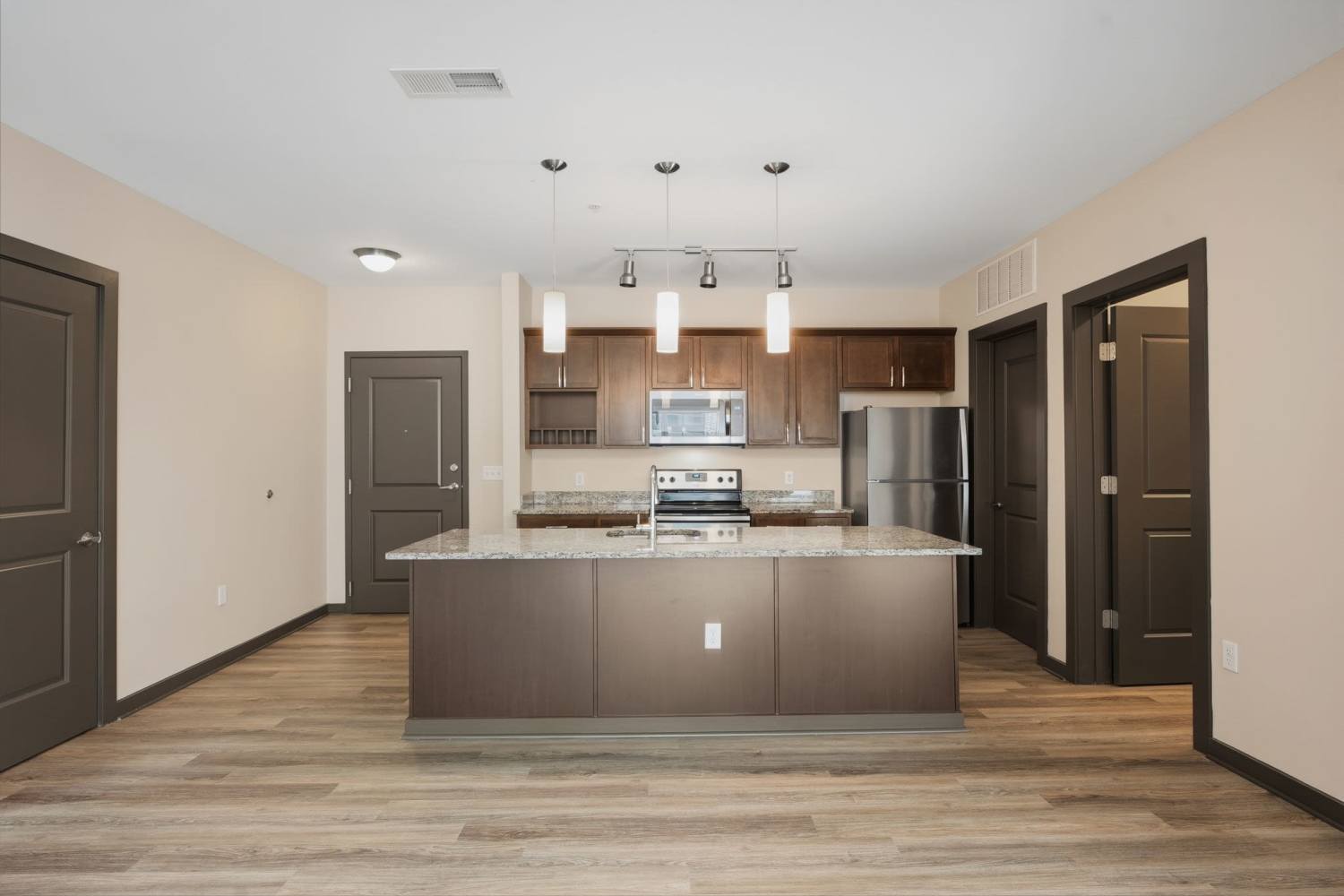 Apartment with kitchen island at Bridge Park in Dublin, Ohio