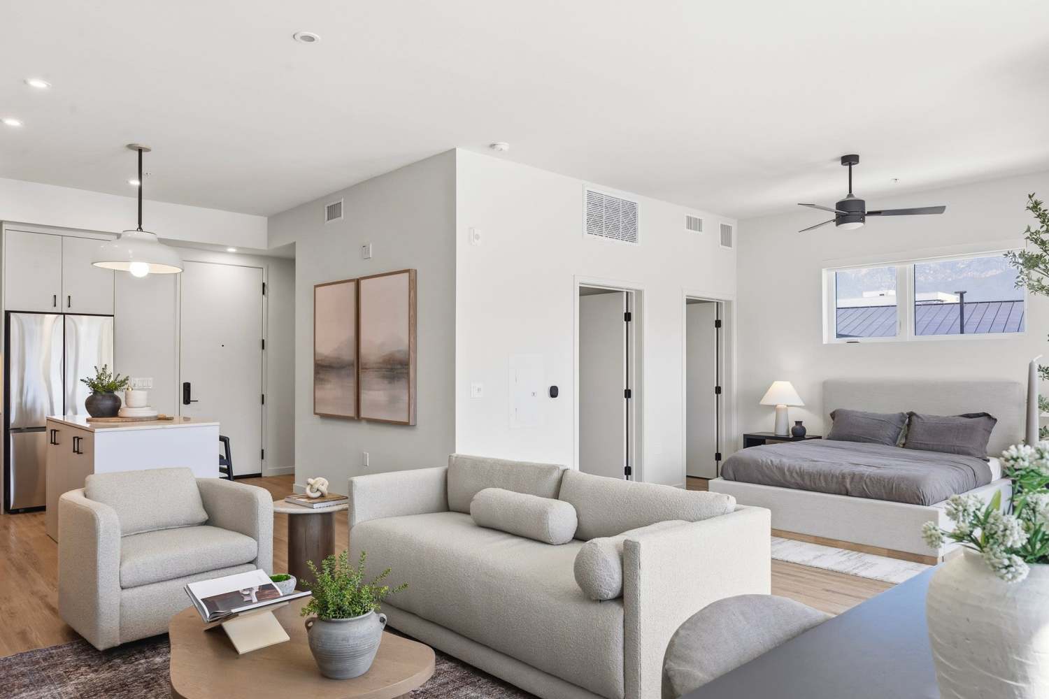 Studio apartment with wood-style flooring at Haven and Arrow in Rancho Cucamonga, California