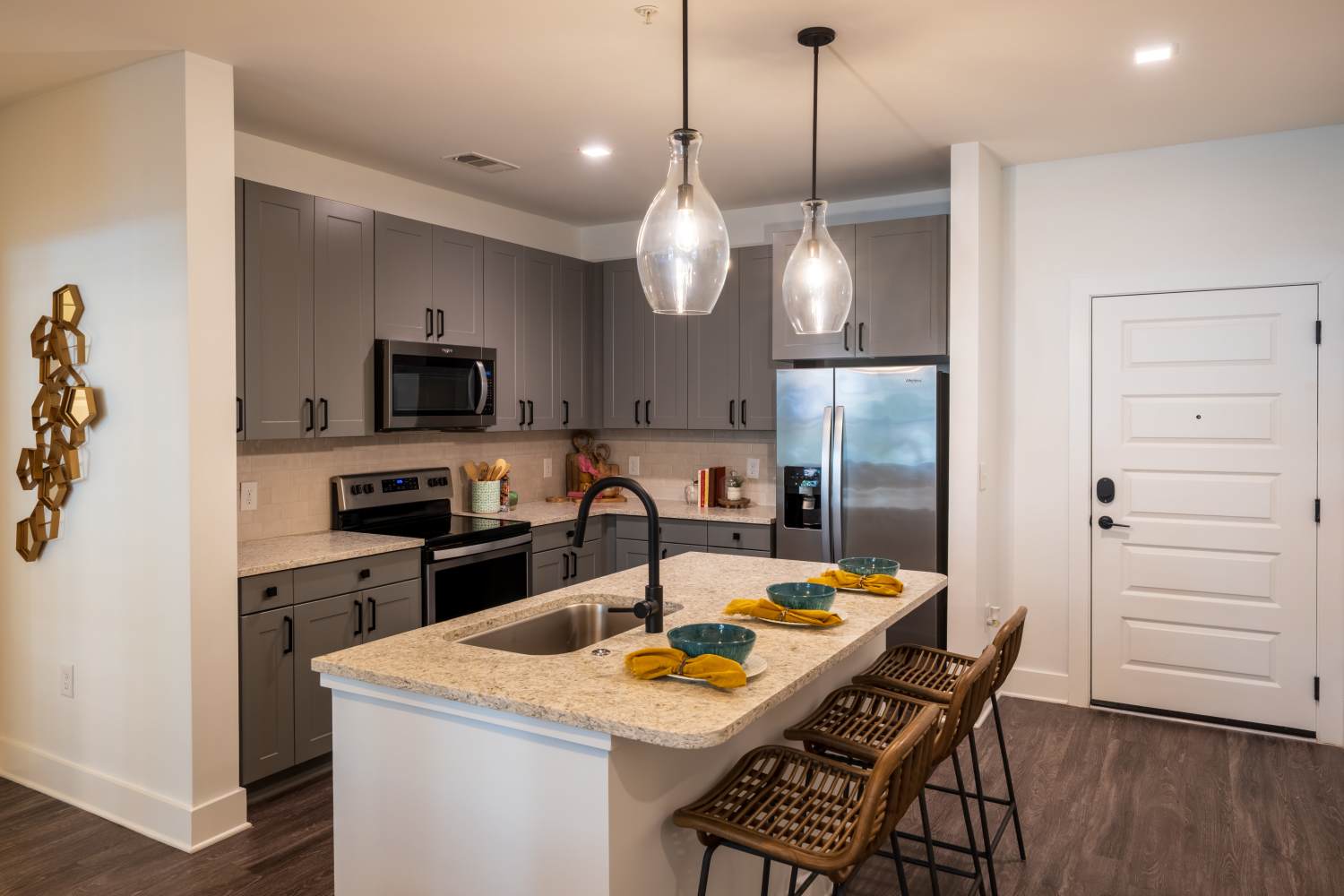 Updated grey cabinet kitchen at Revel Ballpark in Atlanta, Georgia
