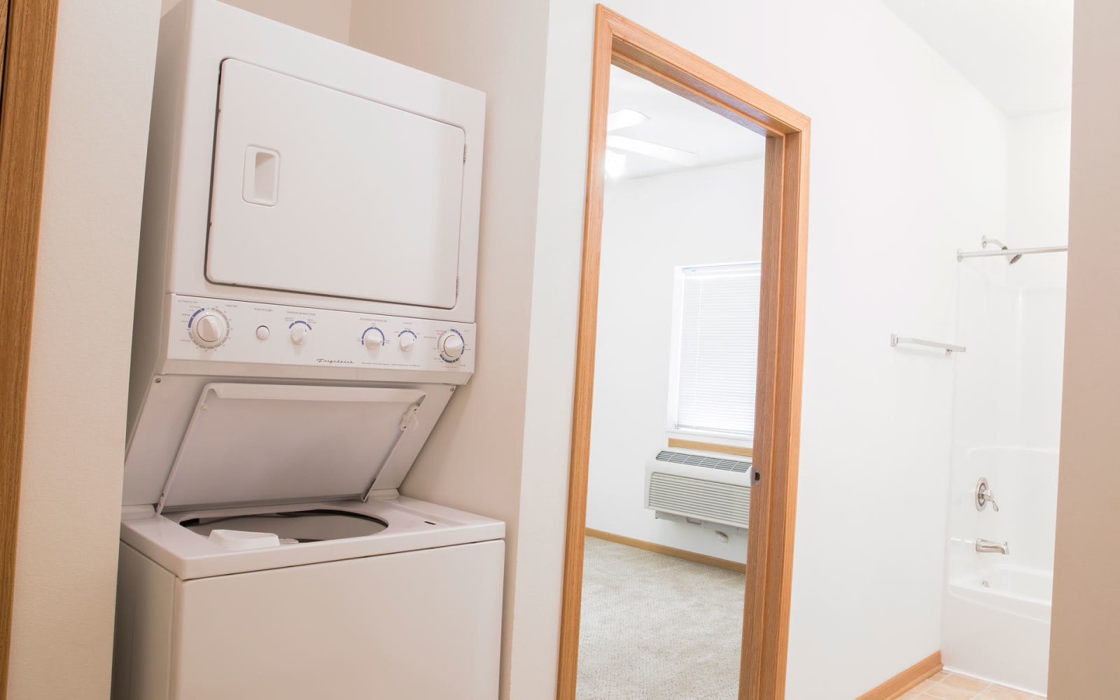 A stacked washer and dryer at Westwood Village in Ames, Iowa