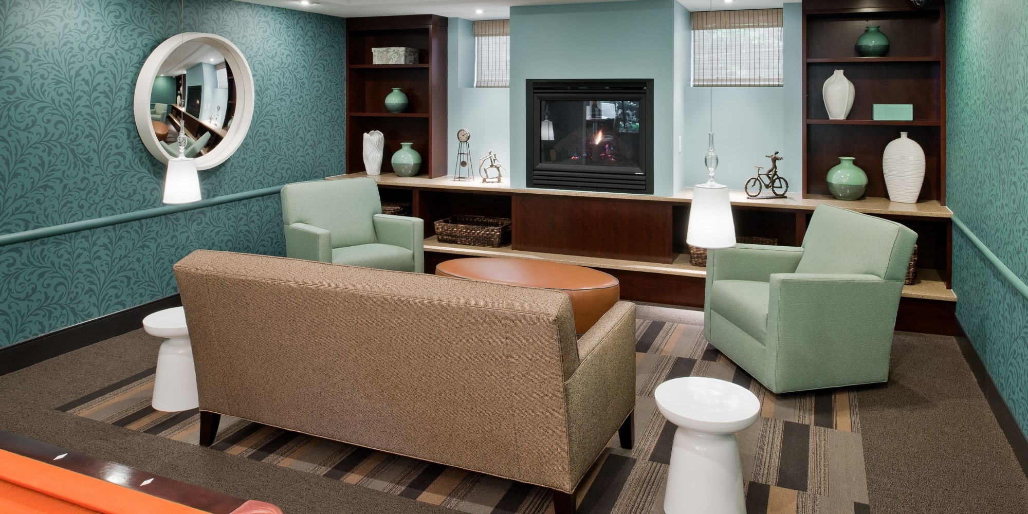 Resident clubhouse with many meeting spaces at Camelot Court in Brighton, Massachusetts