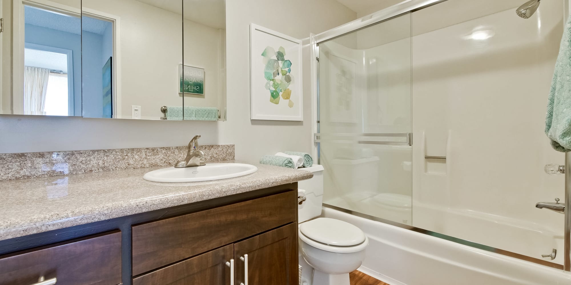 Luxury bathrooms with shower and bathtub at The Marc, Palo Alto in Palo Alto, California