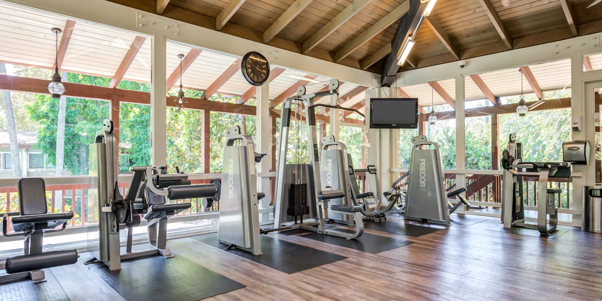 Ample cardio equipment in the fitness center at Rancho Los Feliz in Los Angeles, California