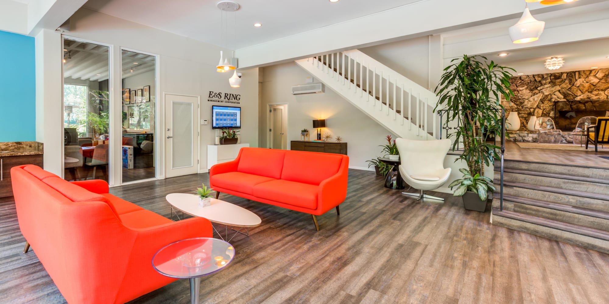 Retro-modern furnishings in the lobby at Rancho Los Feliz in Los Angeles, California
