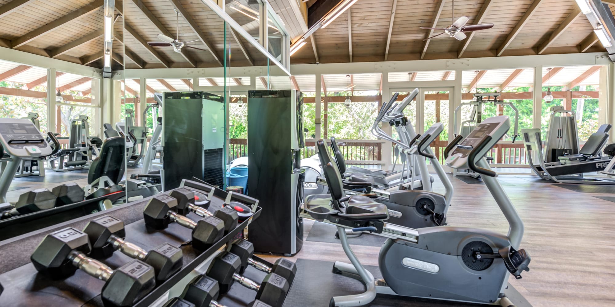 Onsite fitness center with free weights and more at Rancho Los Feliz in Los Angeles, California