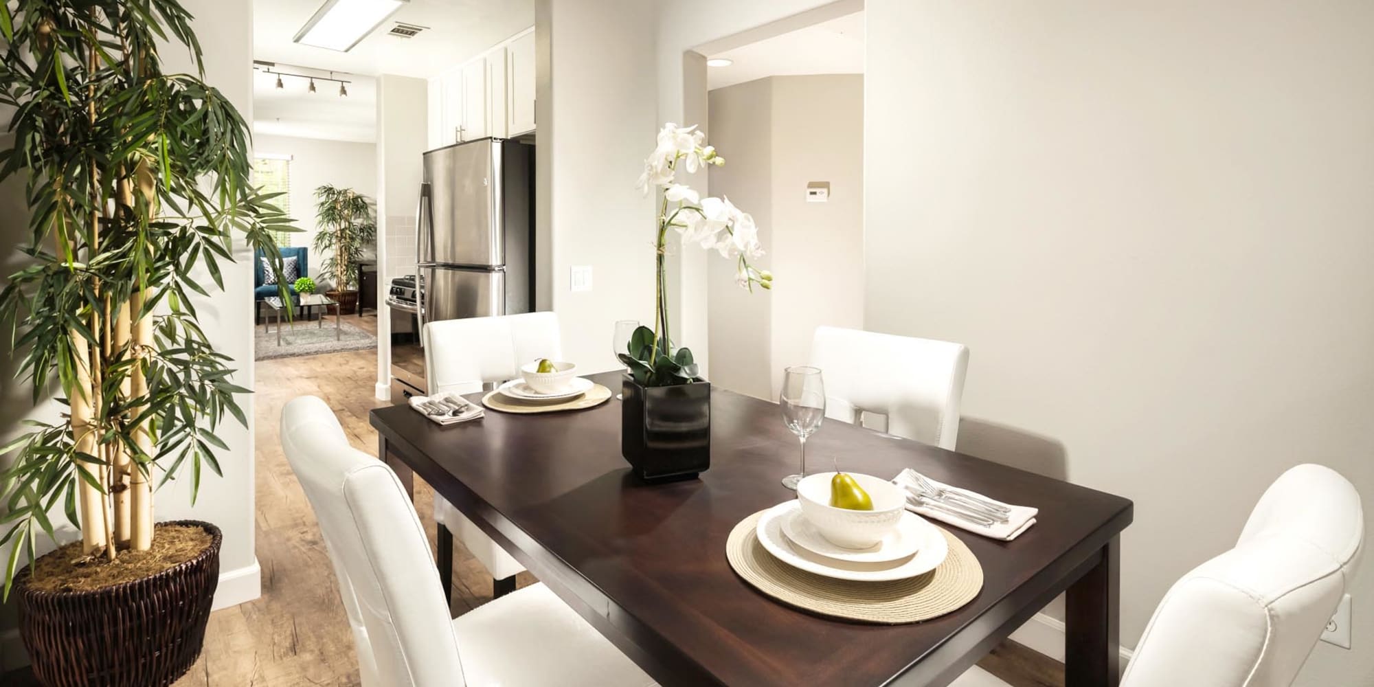 Well-furnished dining area in a model apartment at Mission Hills in Camarillo, California