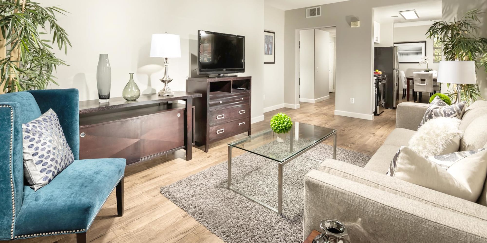 Classically furnished model home's living area at Mission Hills in Camarillo, California