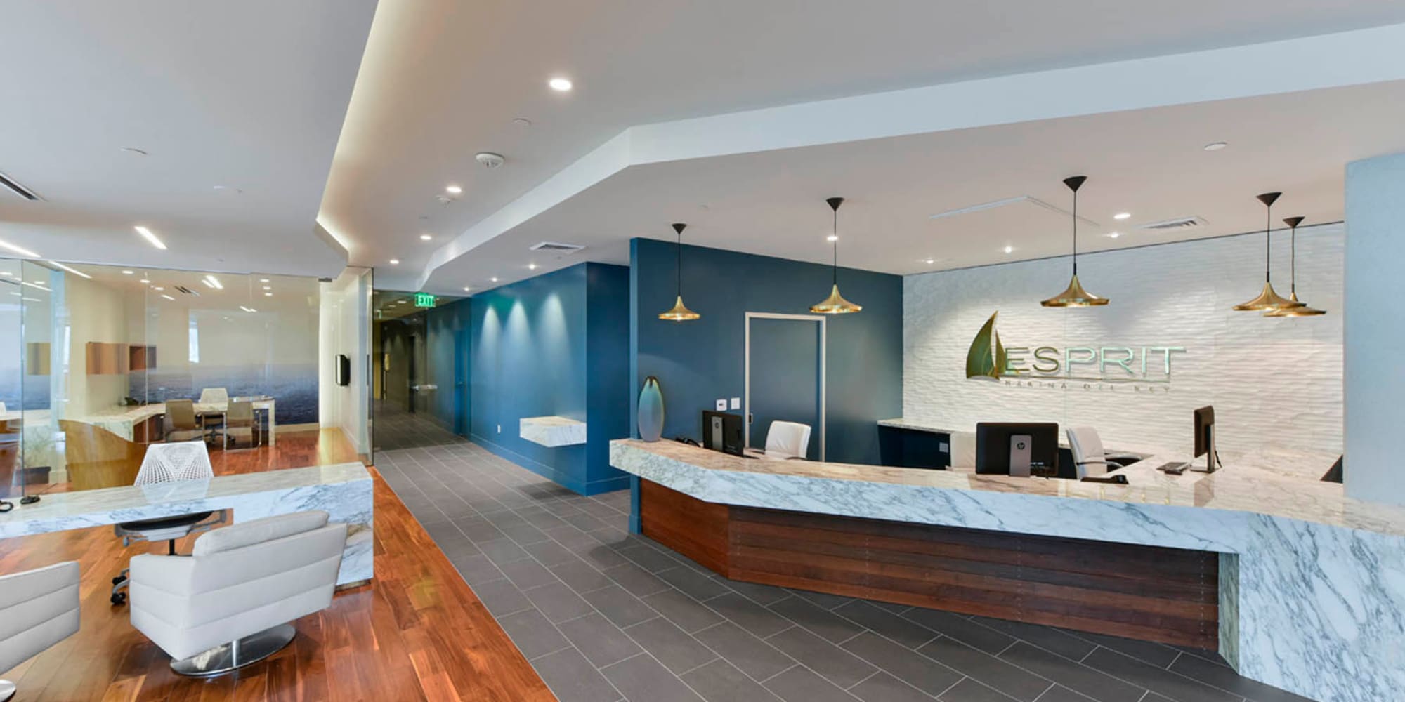 Expansive and welcoming lobby interior at Esprit Marina del Rey in Marina del Rey, California