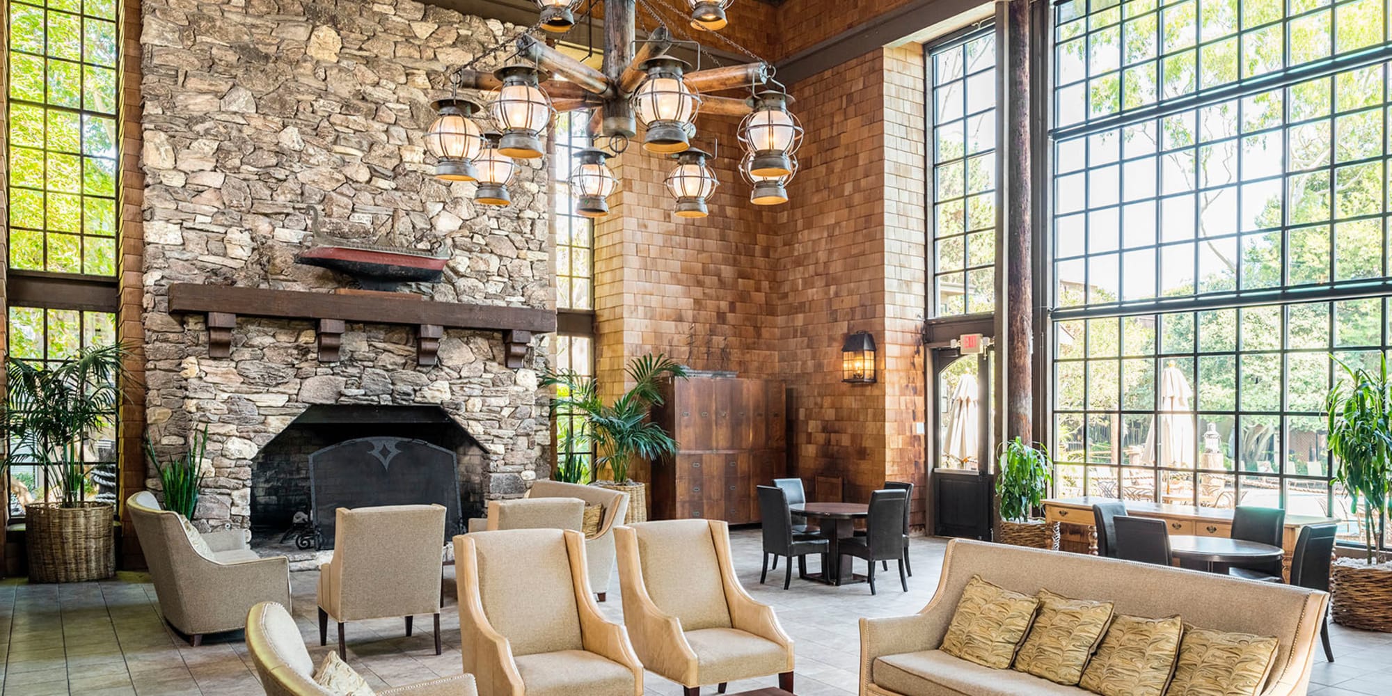 Lounge area in front of the fireplace in the lobby at Mariners Village in Marina del Rey, California