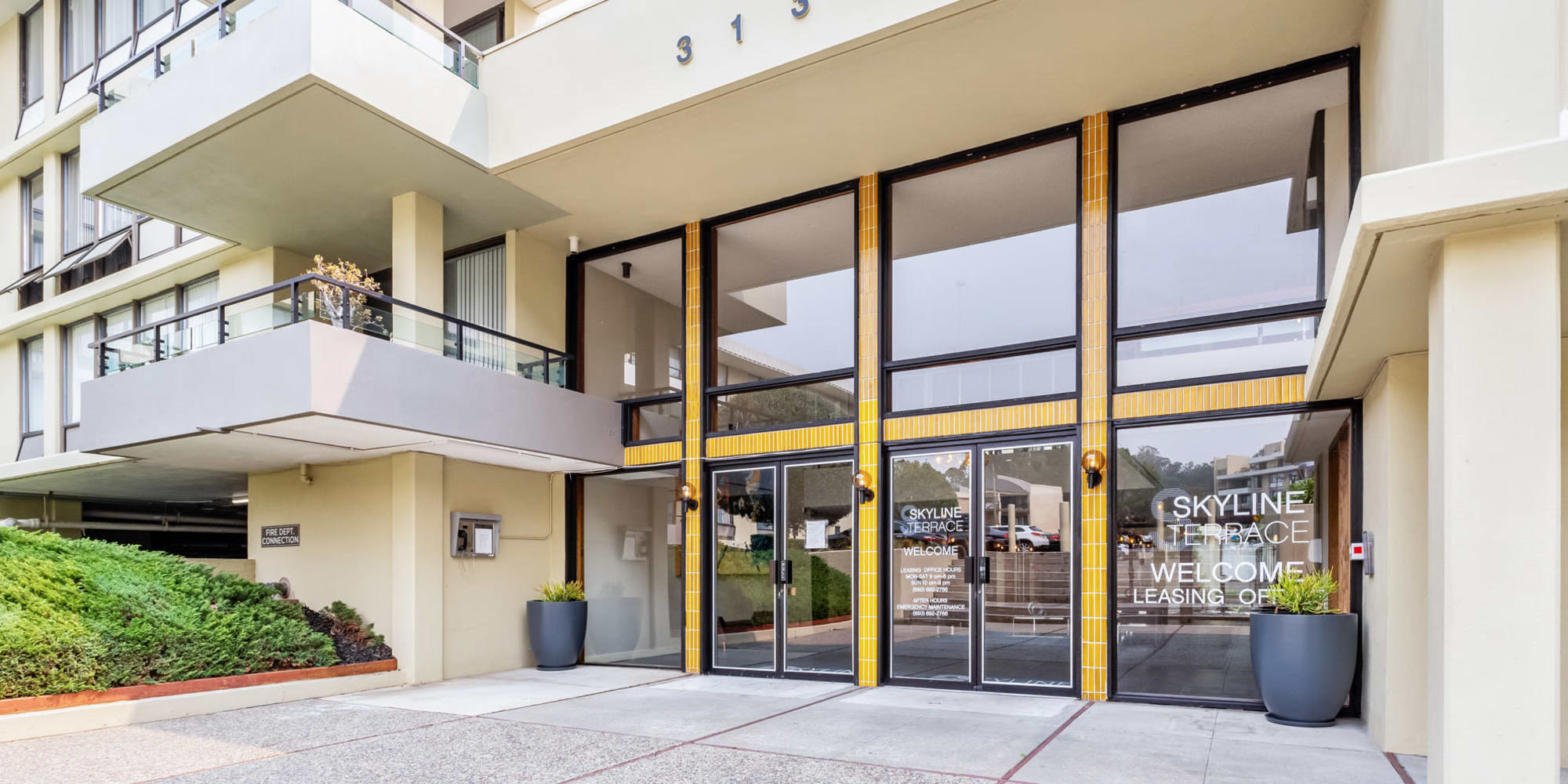 Outside view of Skyline Terrace Apartments in Burlingame, California