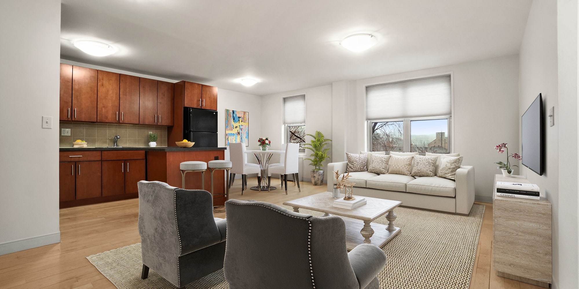 Large open floor plan at Camelot Court in Brighton, Massachusetts