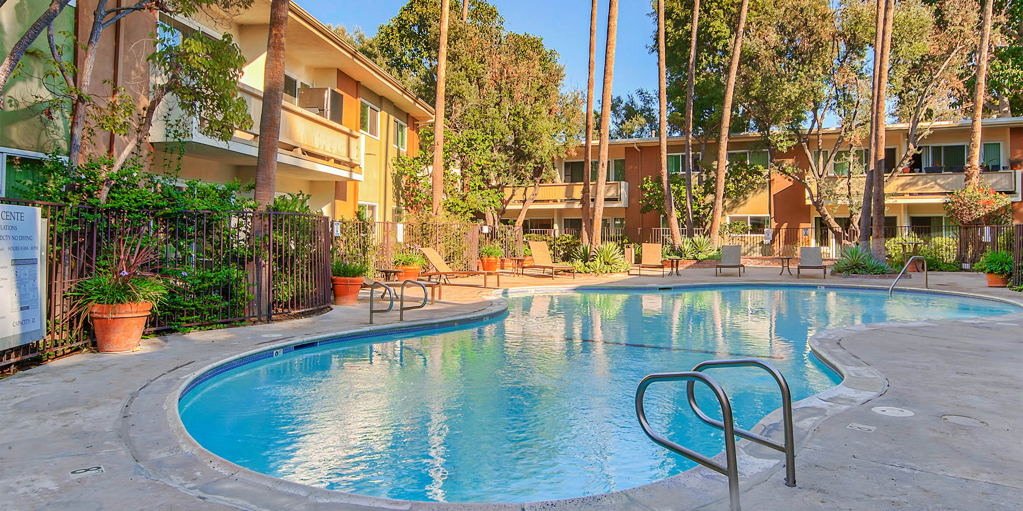 Beautiful morning at the swimming pool area at Villa Vicente in Los Angeles, California