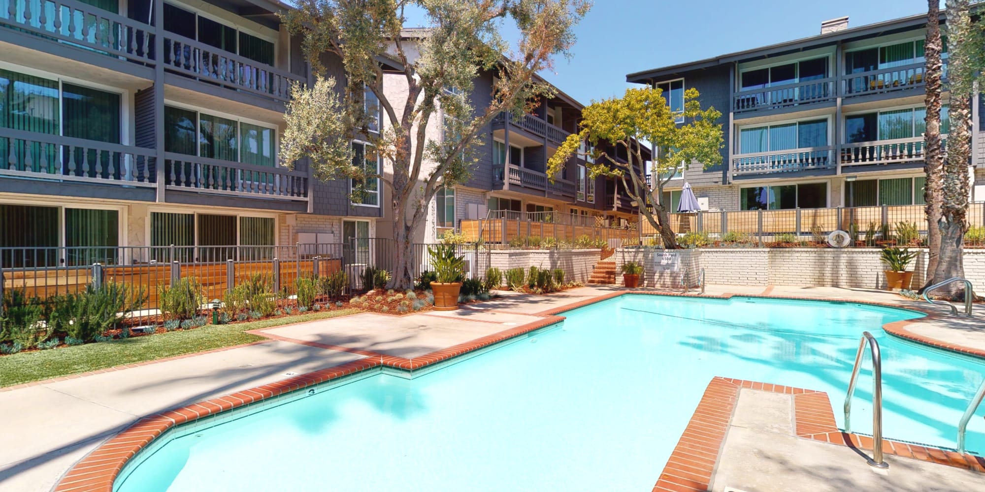 Renovated apartment community with mature trees and sparkling pool at The Meadows in Culver City, California