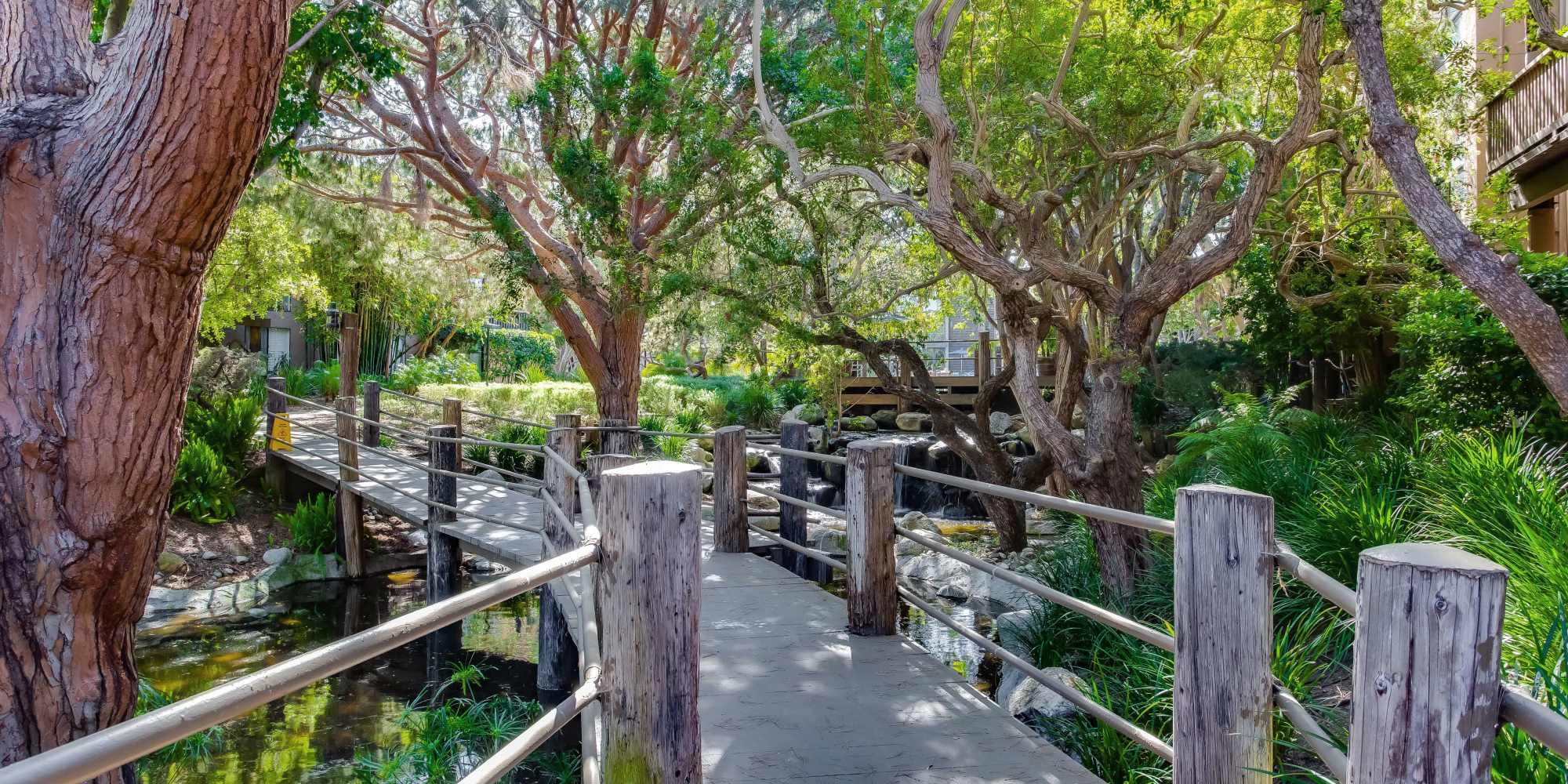 Lush vegetation and bridge at Mariners Village in Marina del Rey, CA
