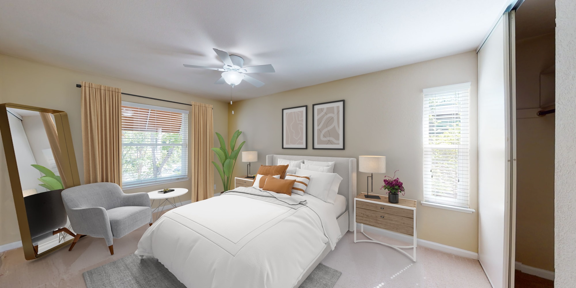 Two-bedroom apartment's bedroom at Valley Plaza Villages in Pleasanton, California