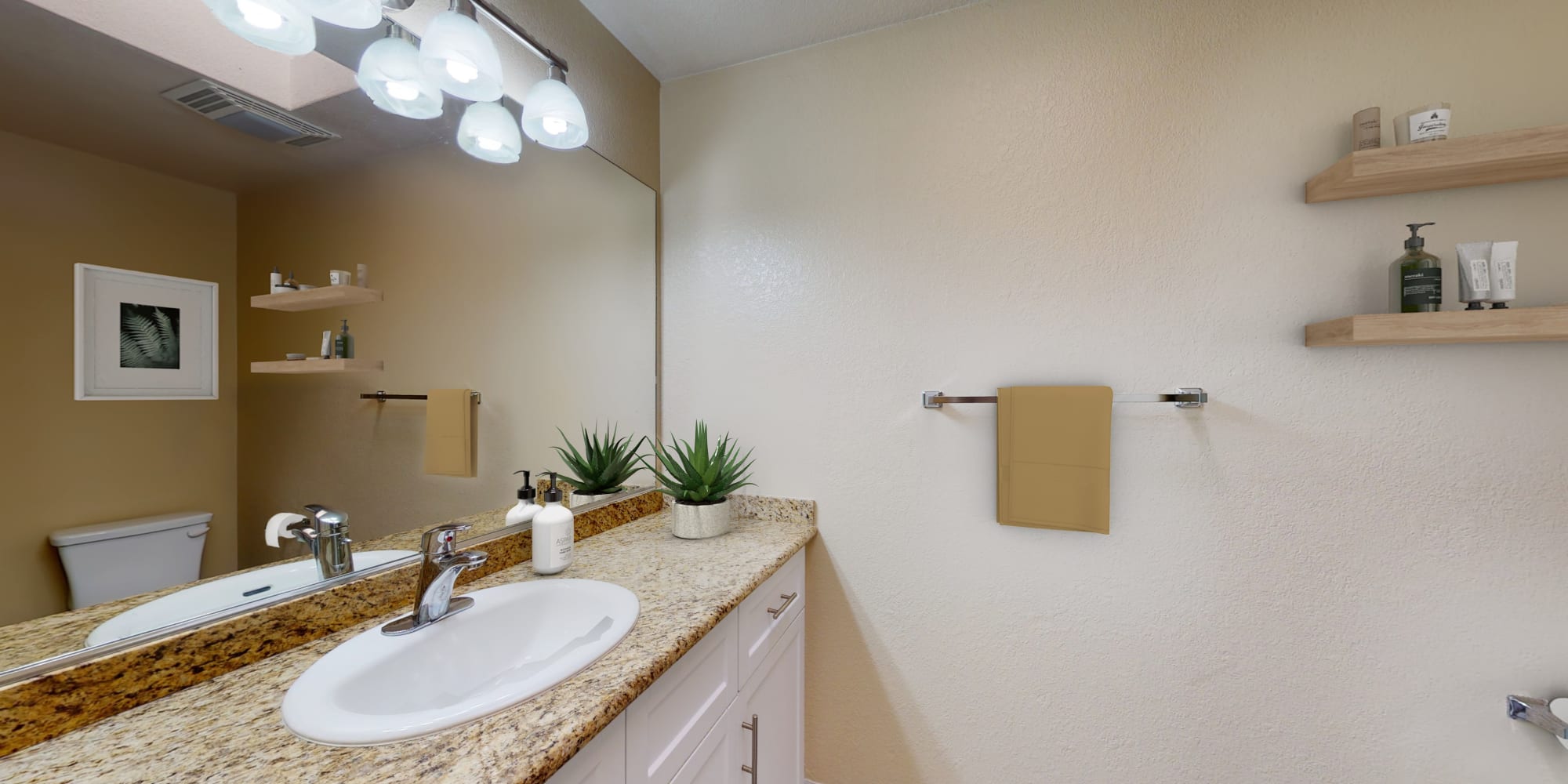 Two-bedroom apartment's bathroom at Valley Plaza Villages in Pleasanton, California