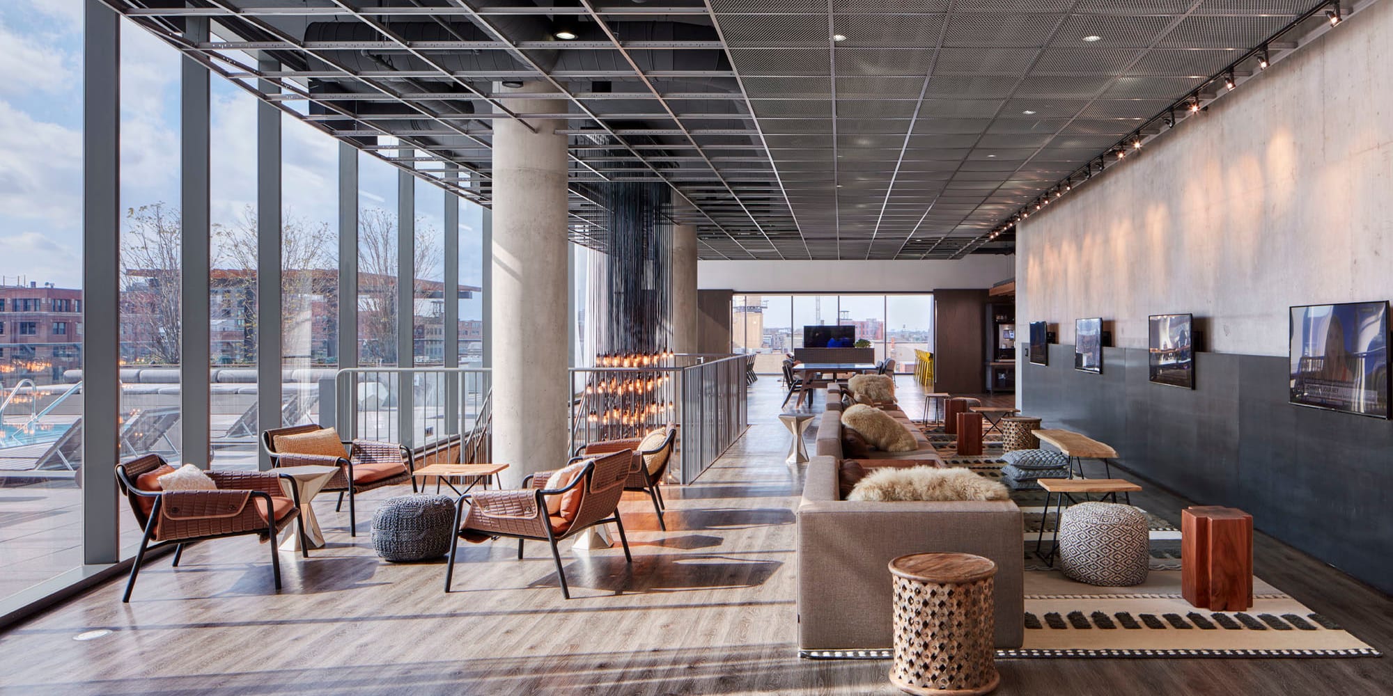 Very spacious resident lounge with amazing views at The Parker Fulton Market in Chicago, Illinois